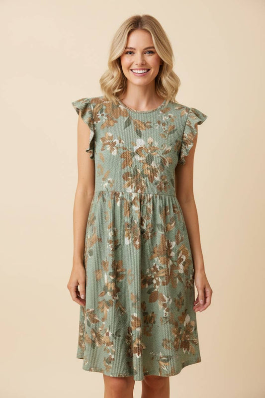 Floral Babydoll Dress with Flutter Sleeve - Green
