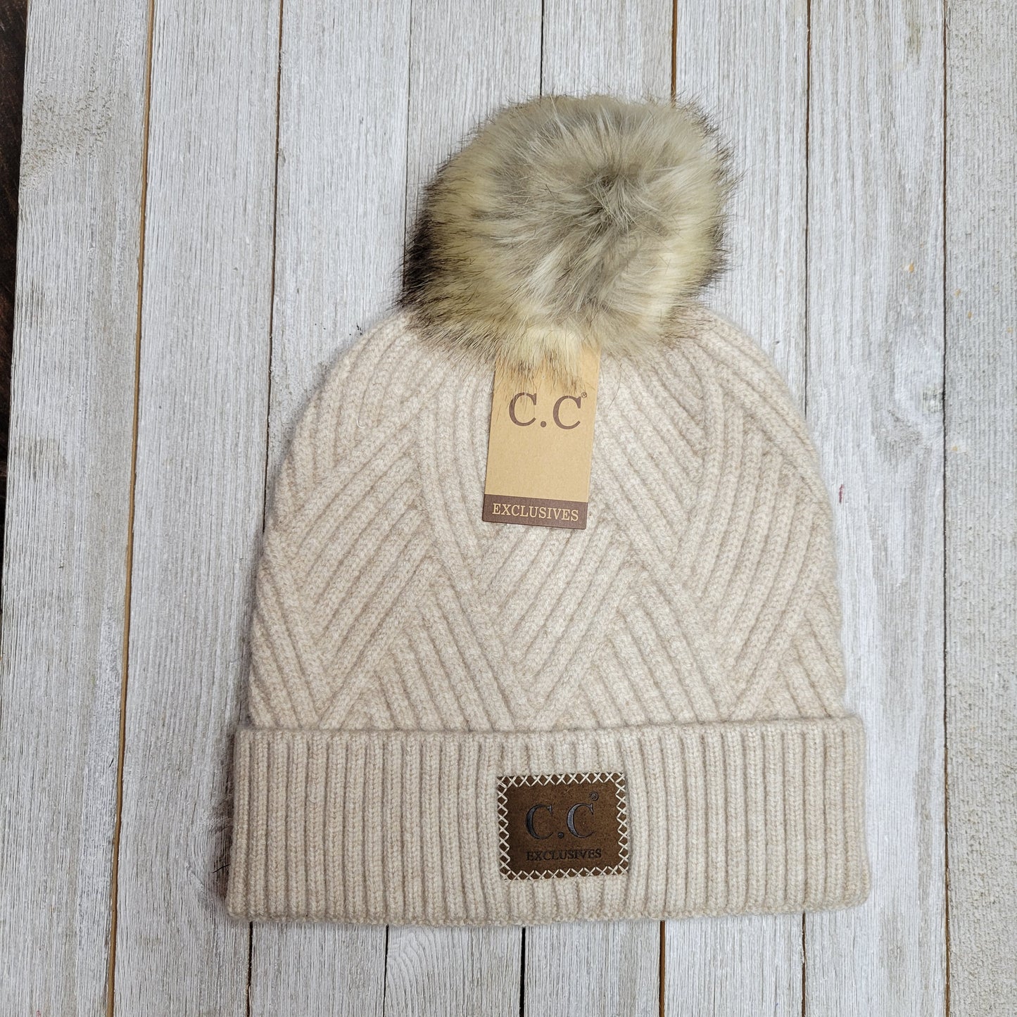 Large Patch Heathered Pom CC Beanie