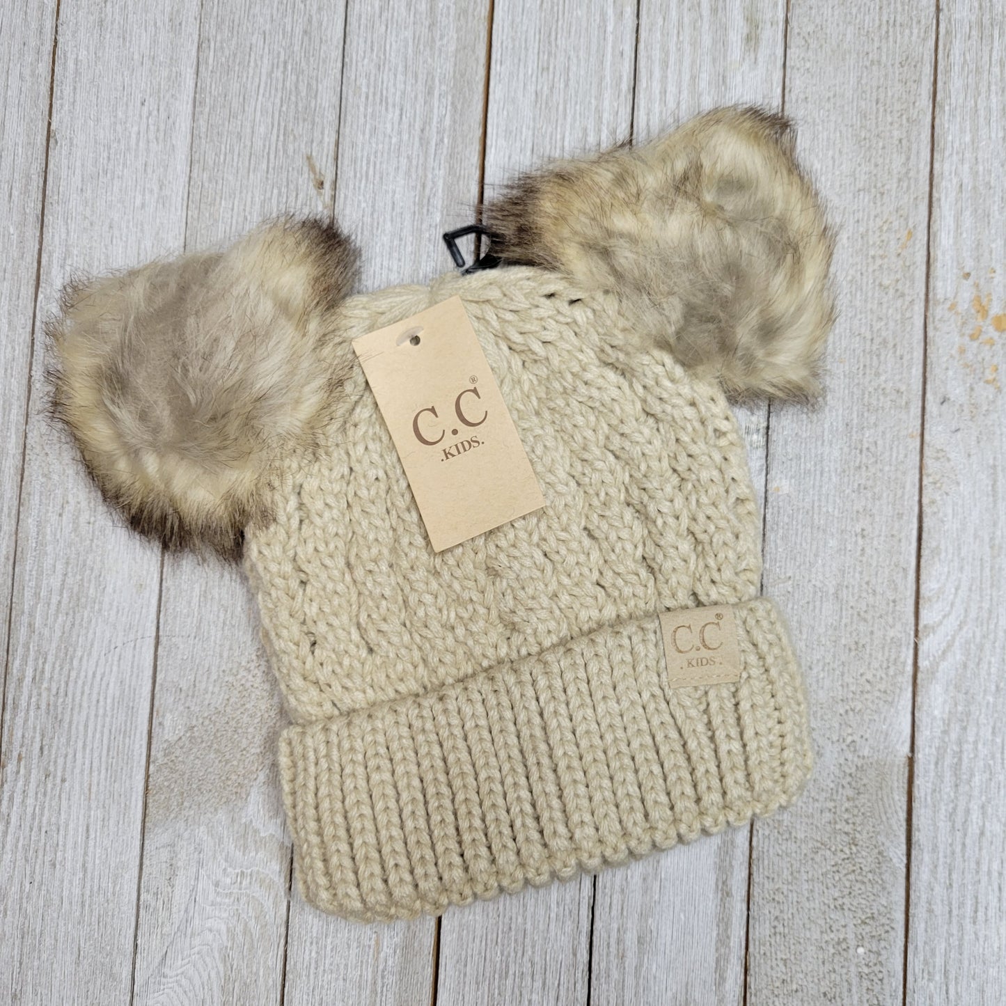 Kids Cable Knit Double Fur Pom CC Beanie