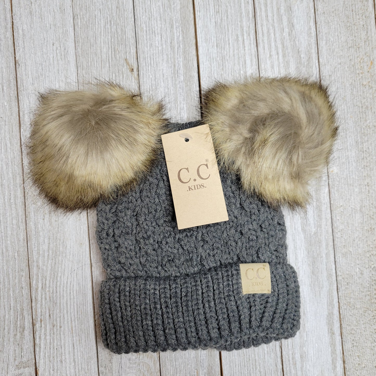 Kids Cable Knit Double Fur Pom CC Beanie