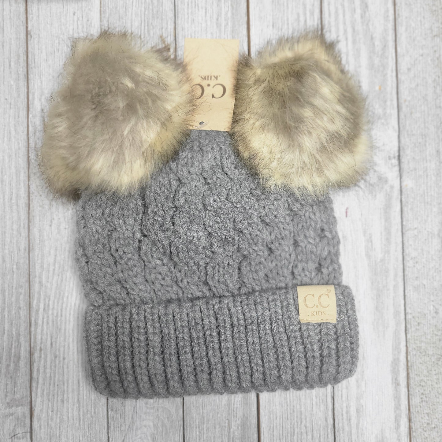 Kids Cable Knit Double Fur Pom CC Beanie