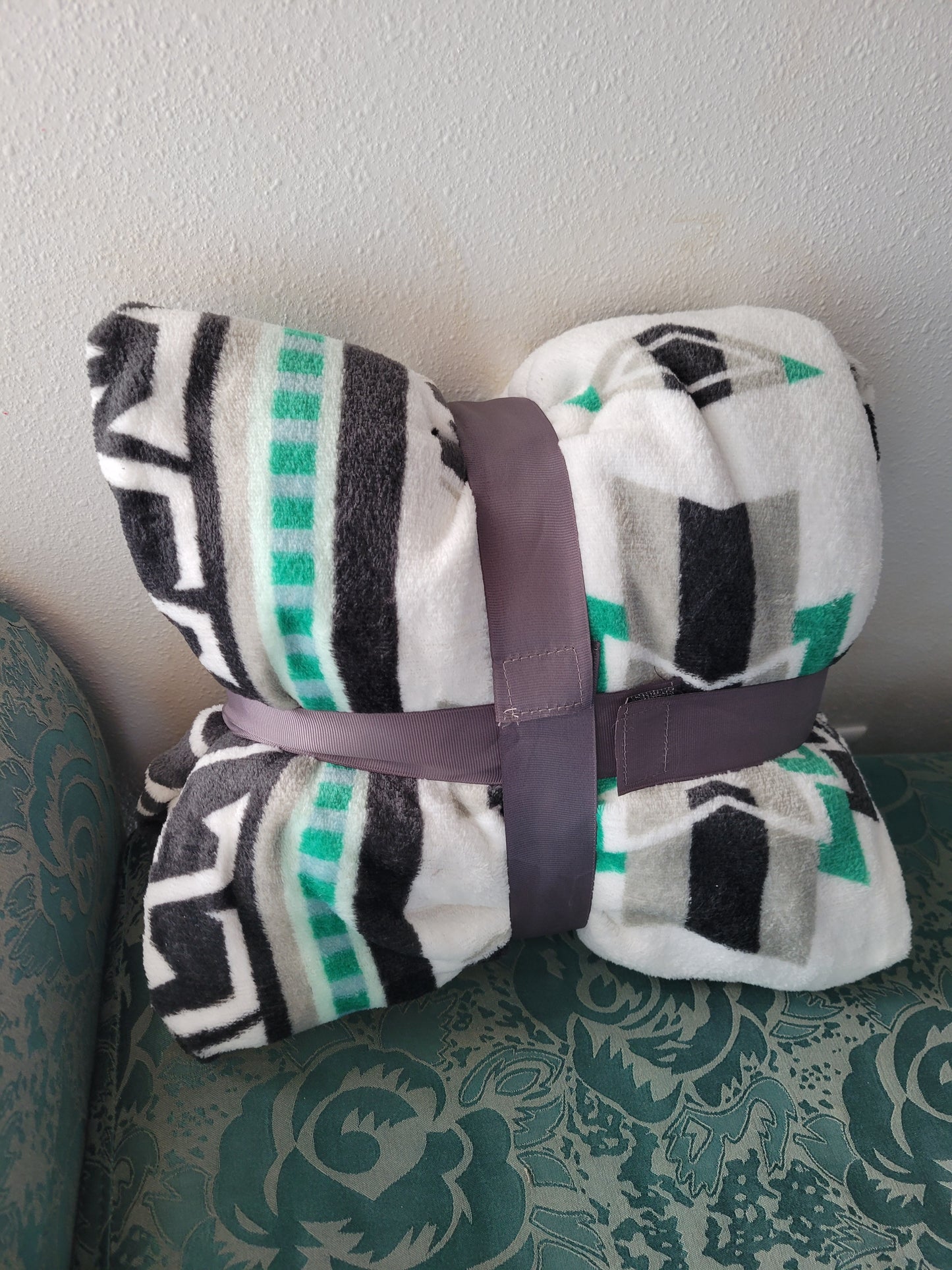 Twin Size Throw Blanket - Grey Teal Aztec