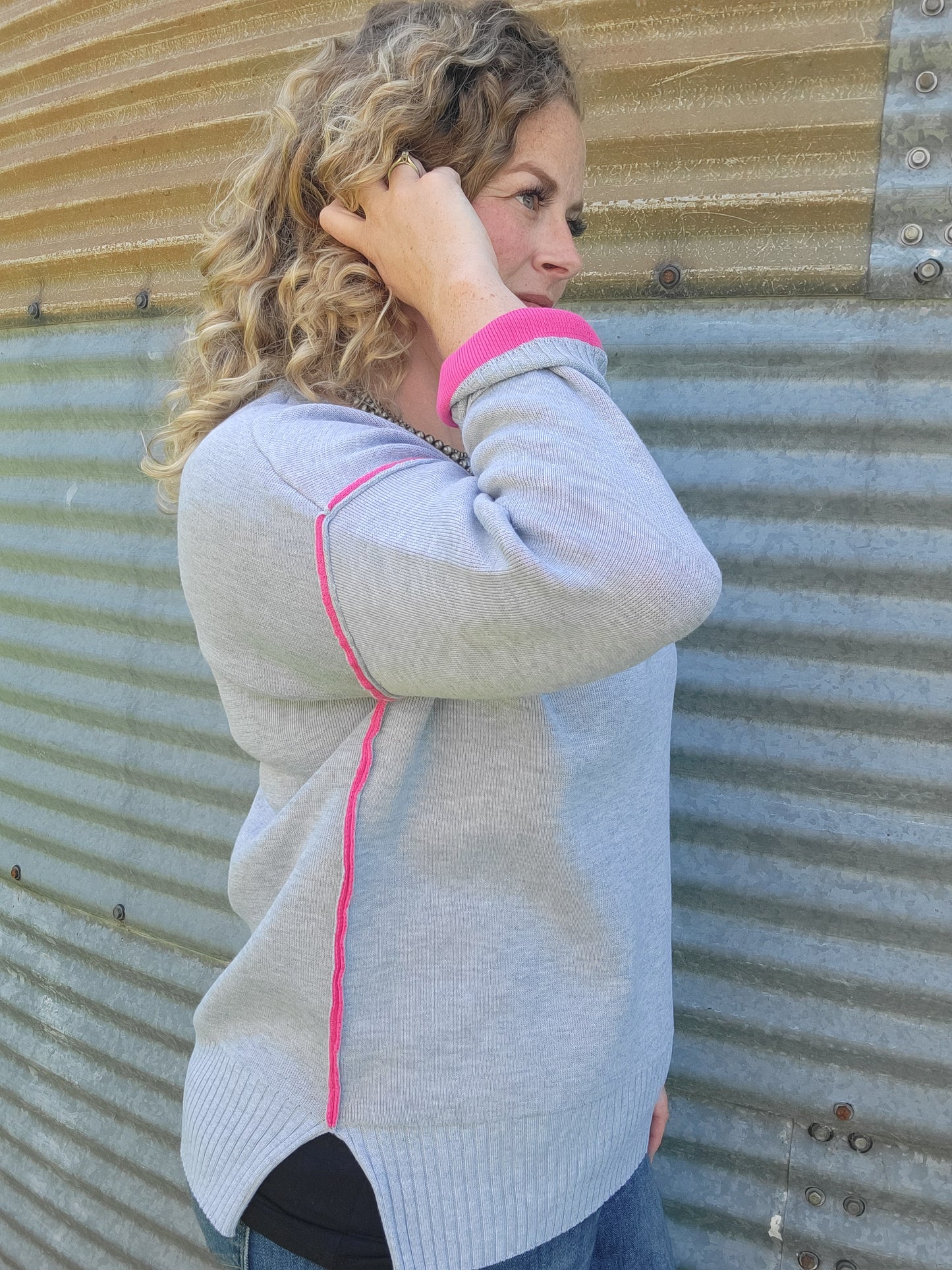 Round Neck Contrast Trim Sweater- Heather Grey/ Hot Pink