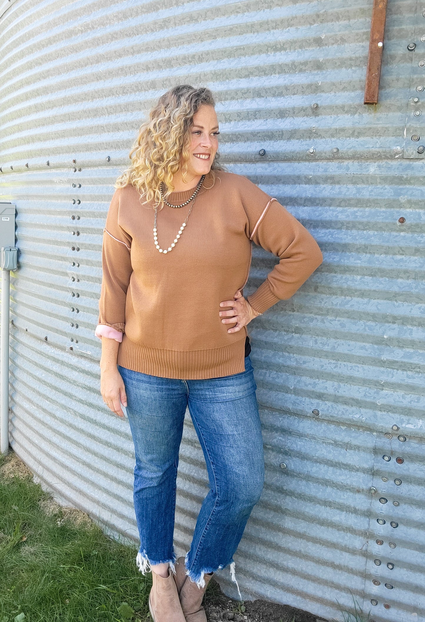 Round Neck Contrast Trim Sweater- Camel/Pink