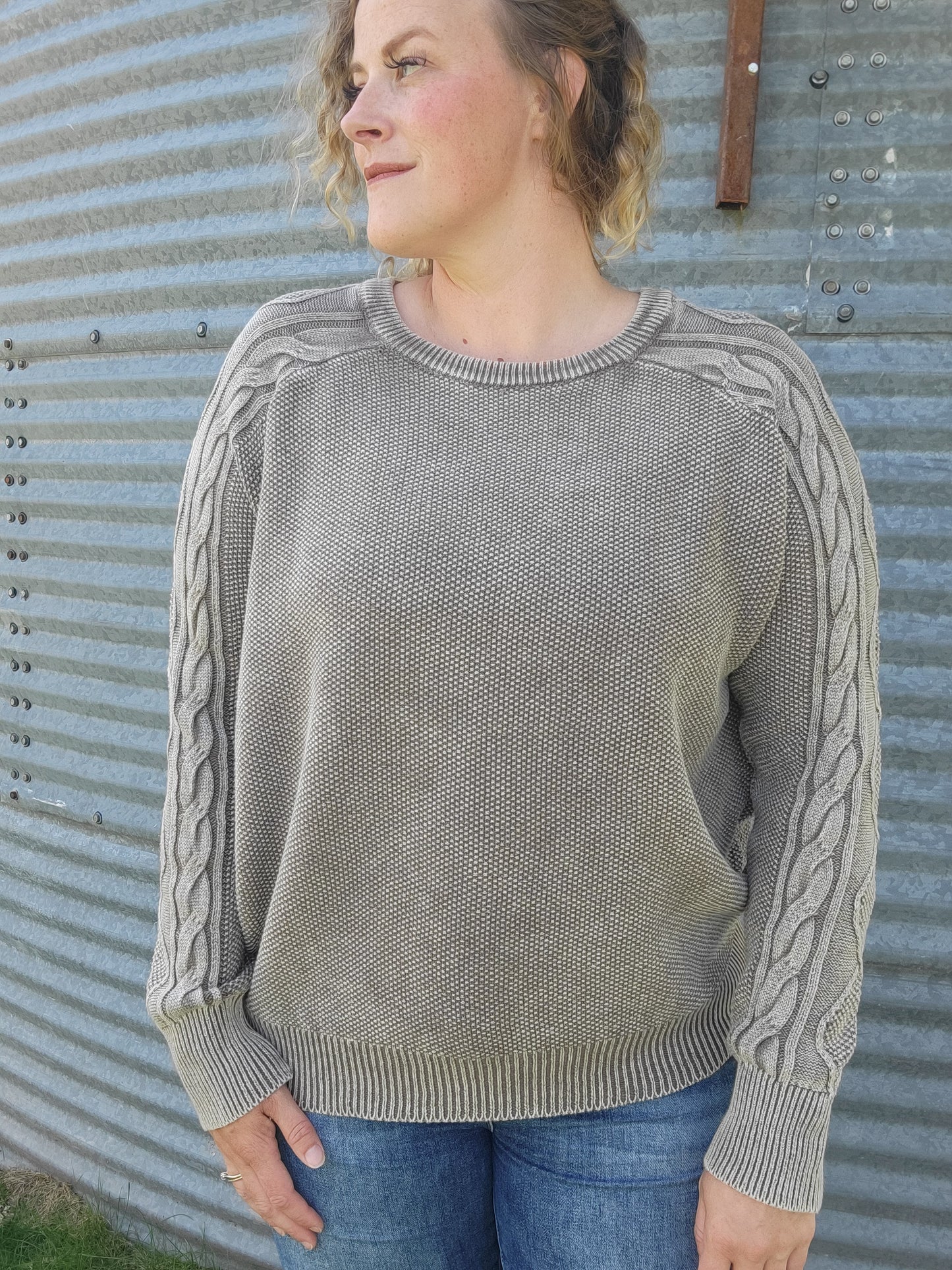 Stone Washed Cable Sleeve Sweater - Mocha