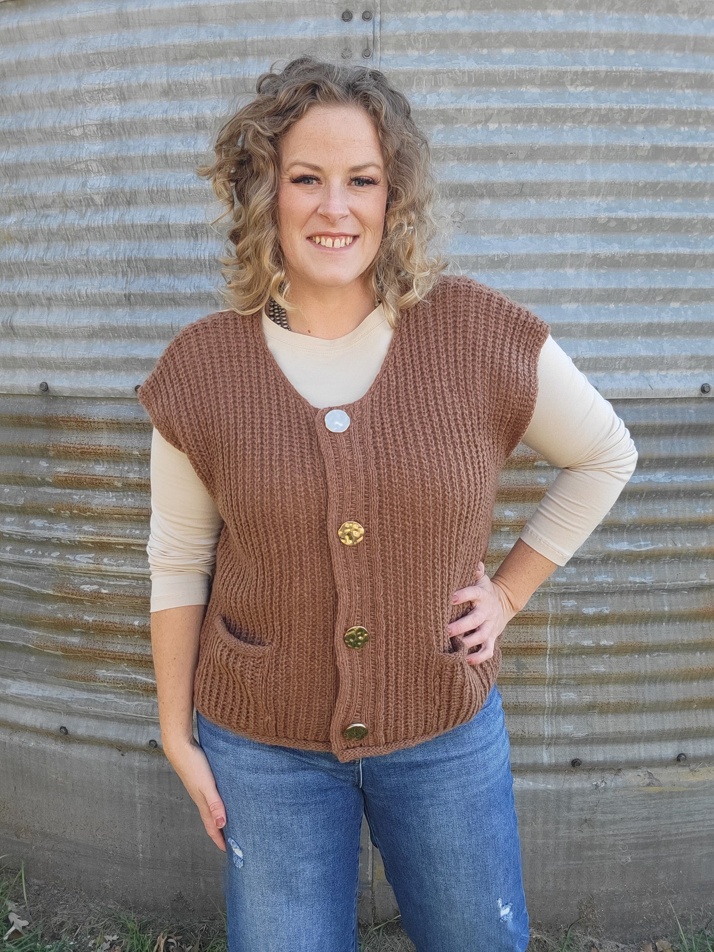 Berlynn 4-Button Sweater Vest- Dark Camel
