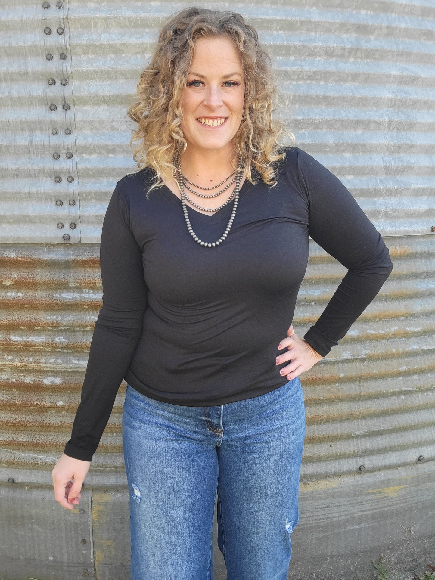 Brushed Microfiber Long Sleeve V-Neck Tee - Black