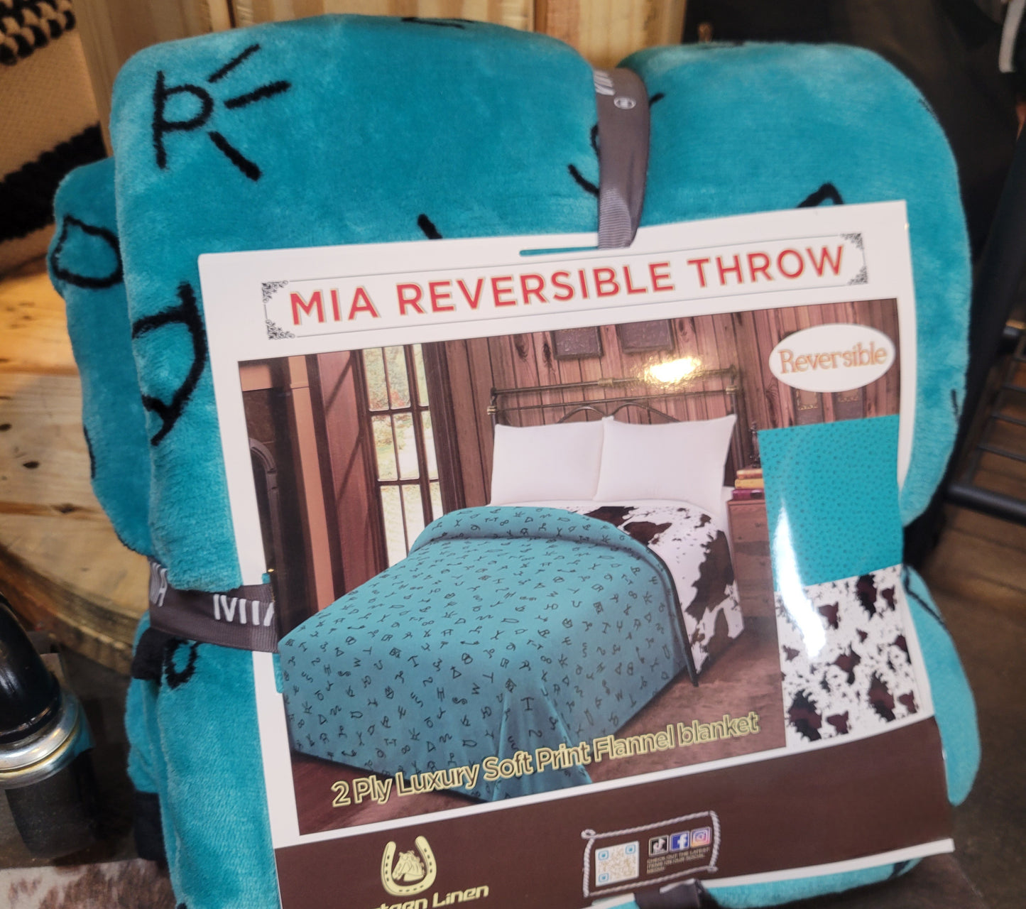 Mia King Reversible Throw Blanket - Turquoise Brands / Cow Print