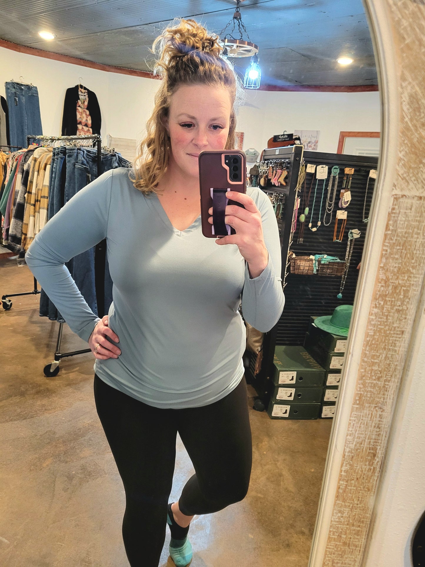 Brushed Microfiber Long Sleeve V-Neck Tee - Blue Grey