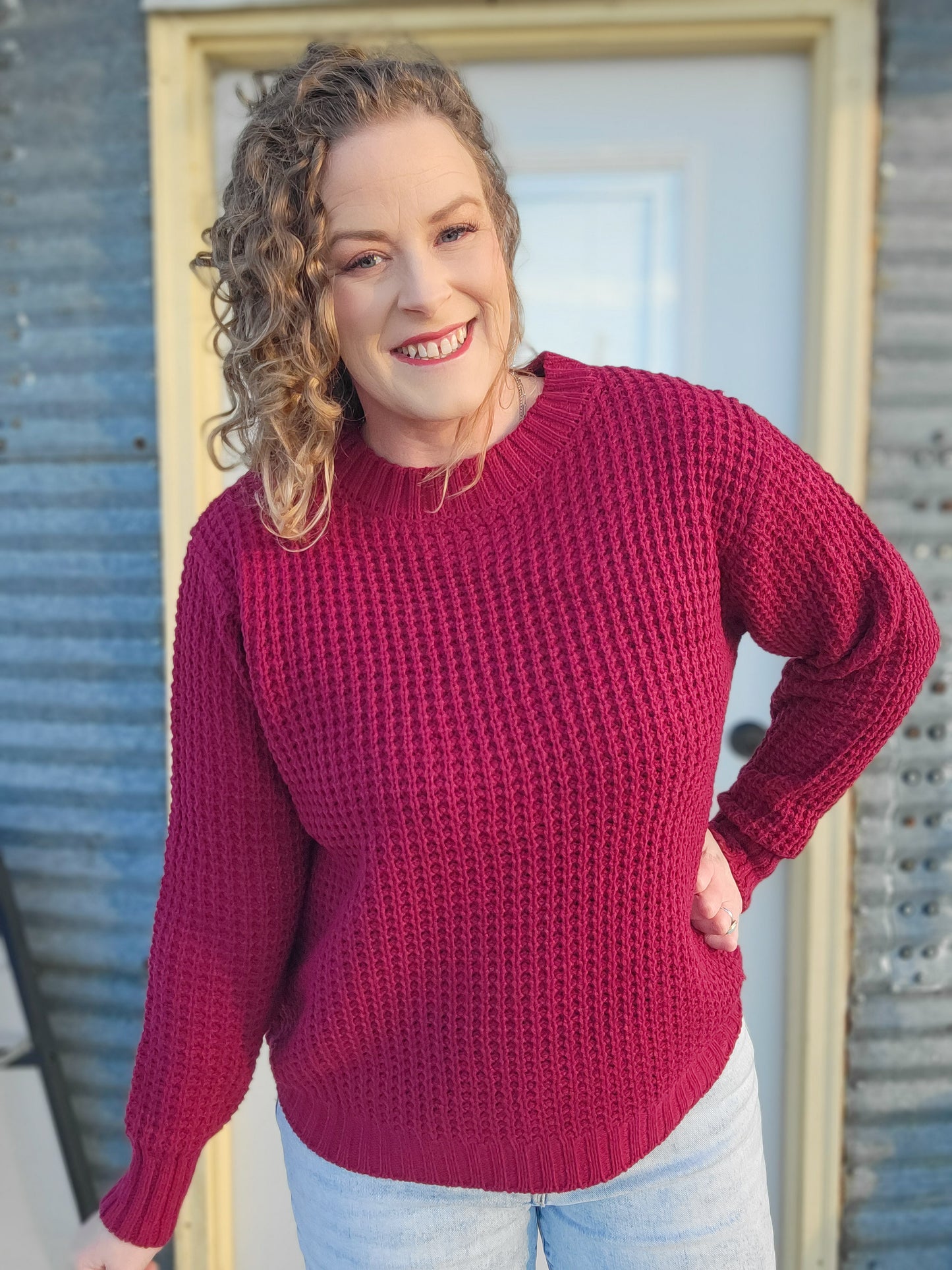 Hi-low Long Sleeve Waffle Sweater- Cabernet
