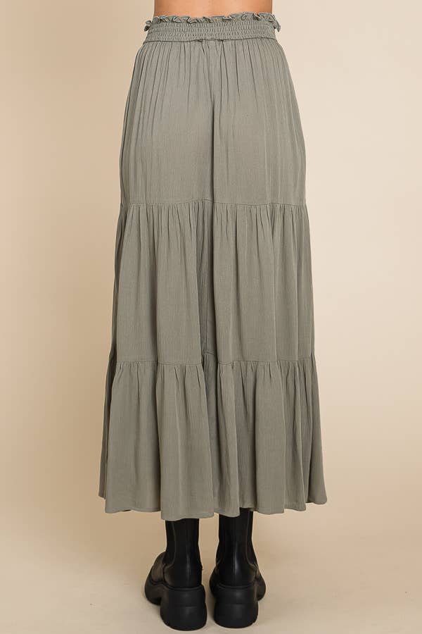 Smocked Waist Tiered Long Skirt - Olive