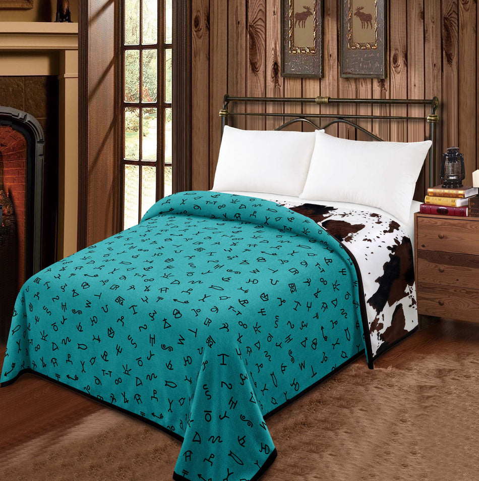 Mia King Reversible Throw Blanket - Turquoise Brands / Cow Print