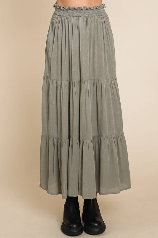 Smocked Waist Tiered Long Skirt - Olive