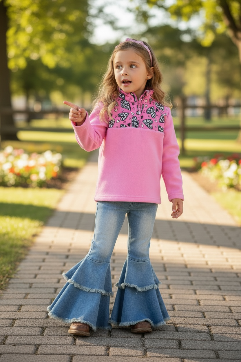 Girls Cow Hearts on Pink Pullover