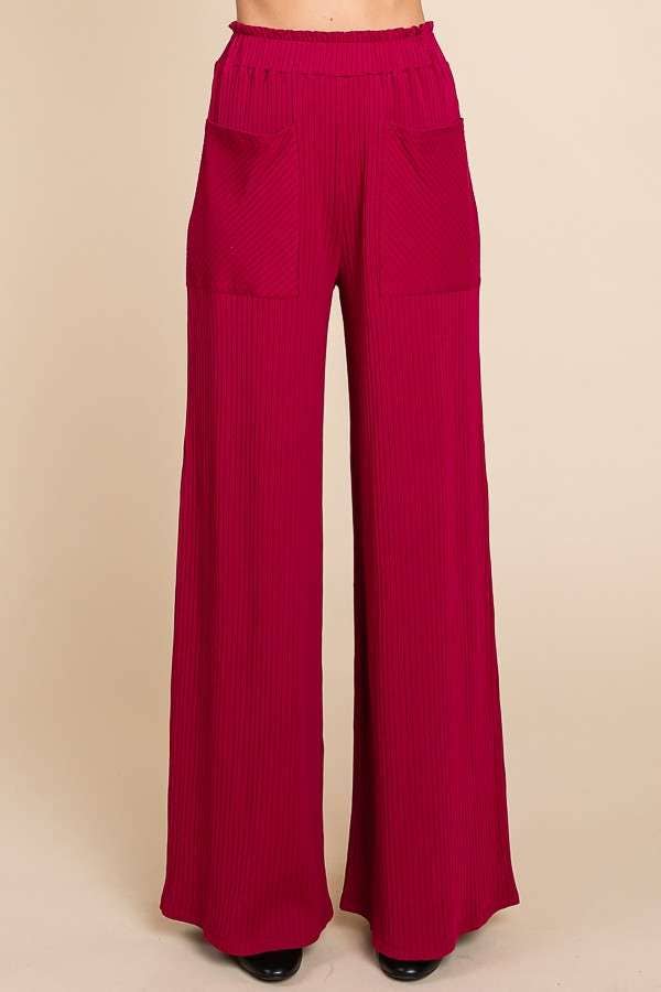 RUCHING FRILL WAIST WIDE PANTS - Magenta
