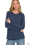 Cotton Crew Neck Long Sleeve Tee - Navy