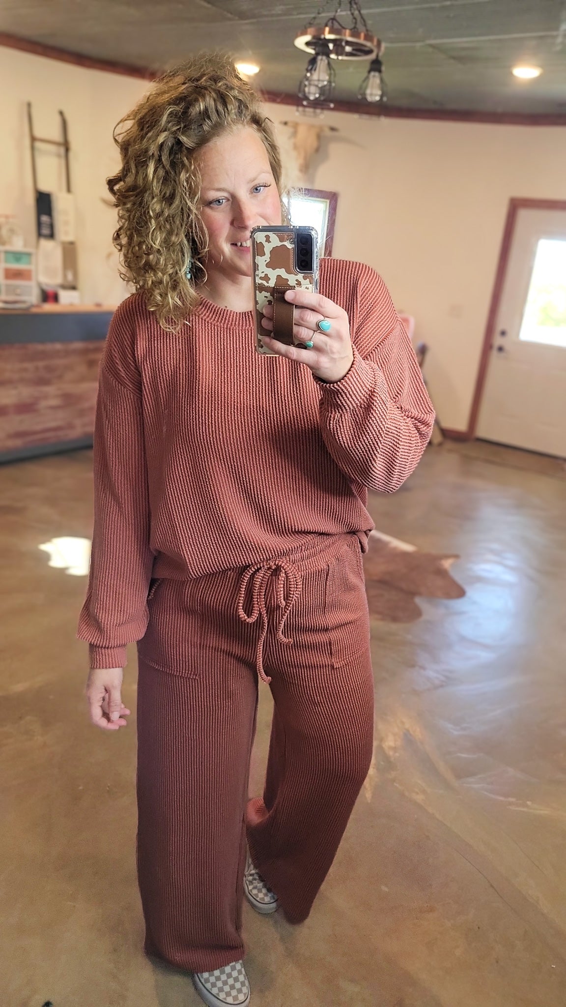 Raised Rib Pullover and Pants Set - Rust
