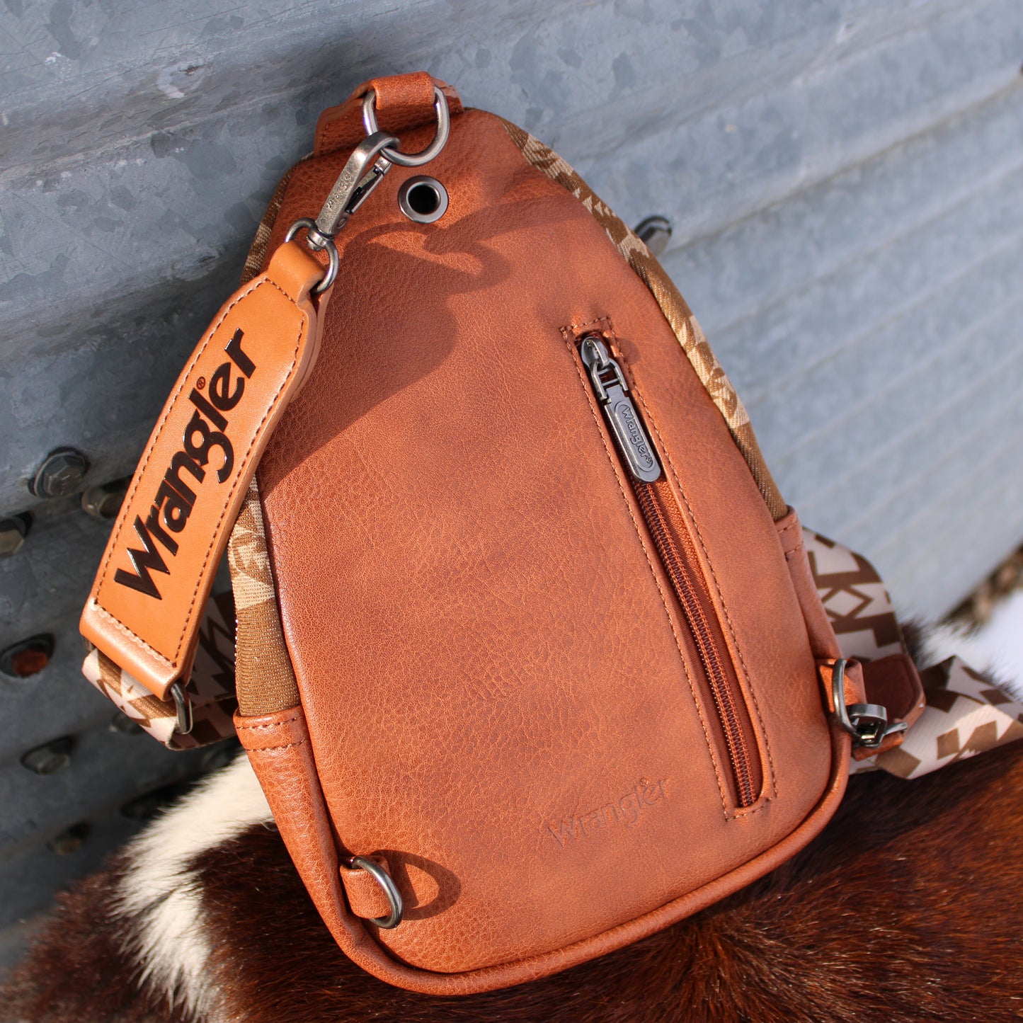 Wrangler Southwestern Print Canvas Sling Bag - Brown