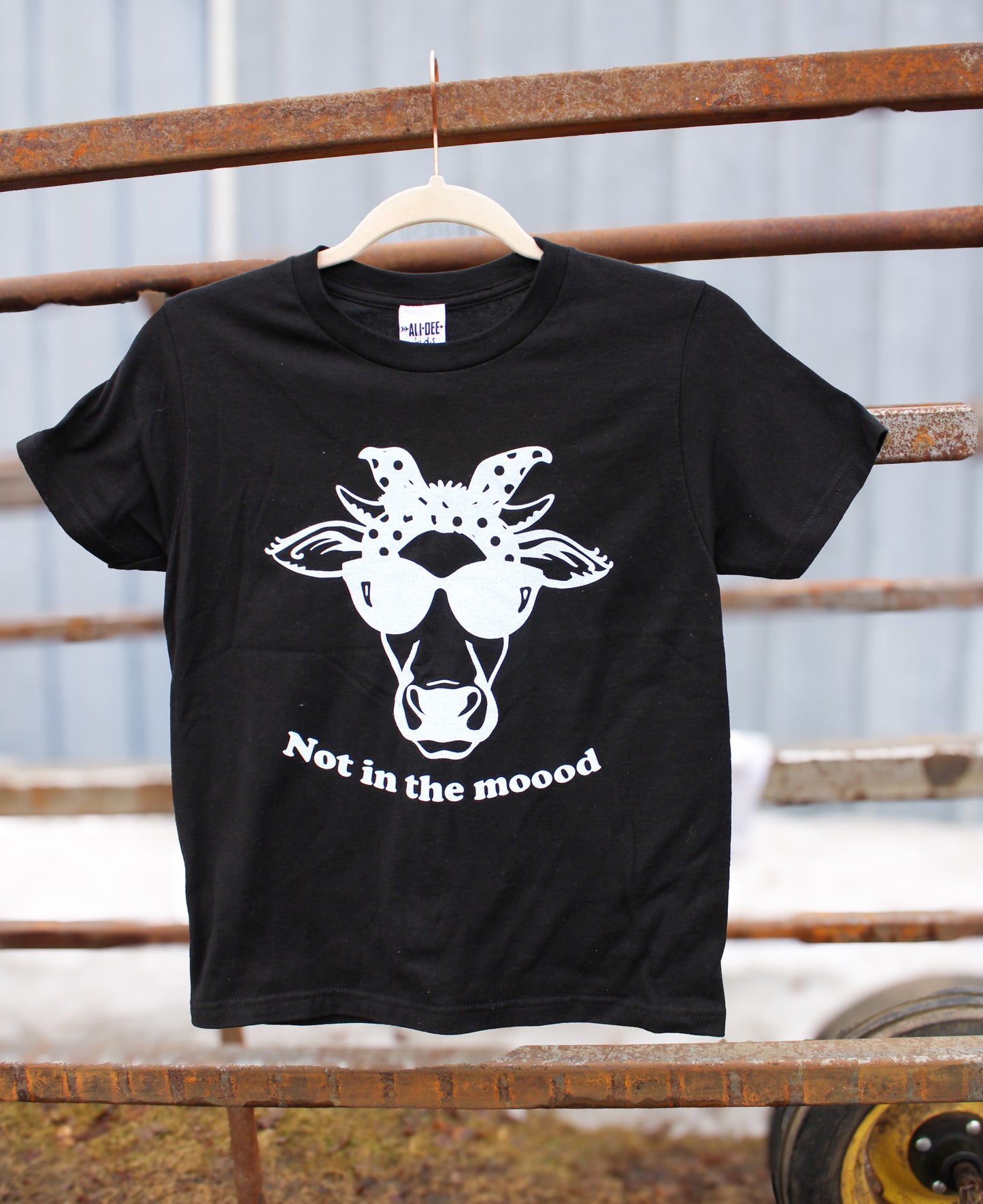 Not in the Mood youth tee. Sassy cow with sunglasses