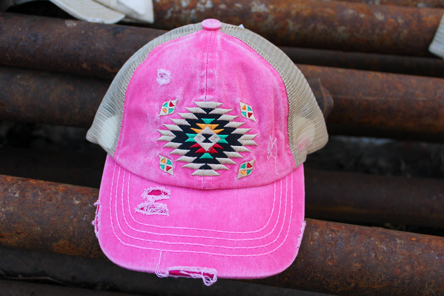 C.C. Distressed Aztec Criss Cross Ponytail Hat - Pink