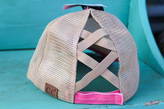 C.C. Distressed Aztec Criss Cross Ponytail Hat - Pink
