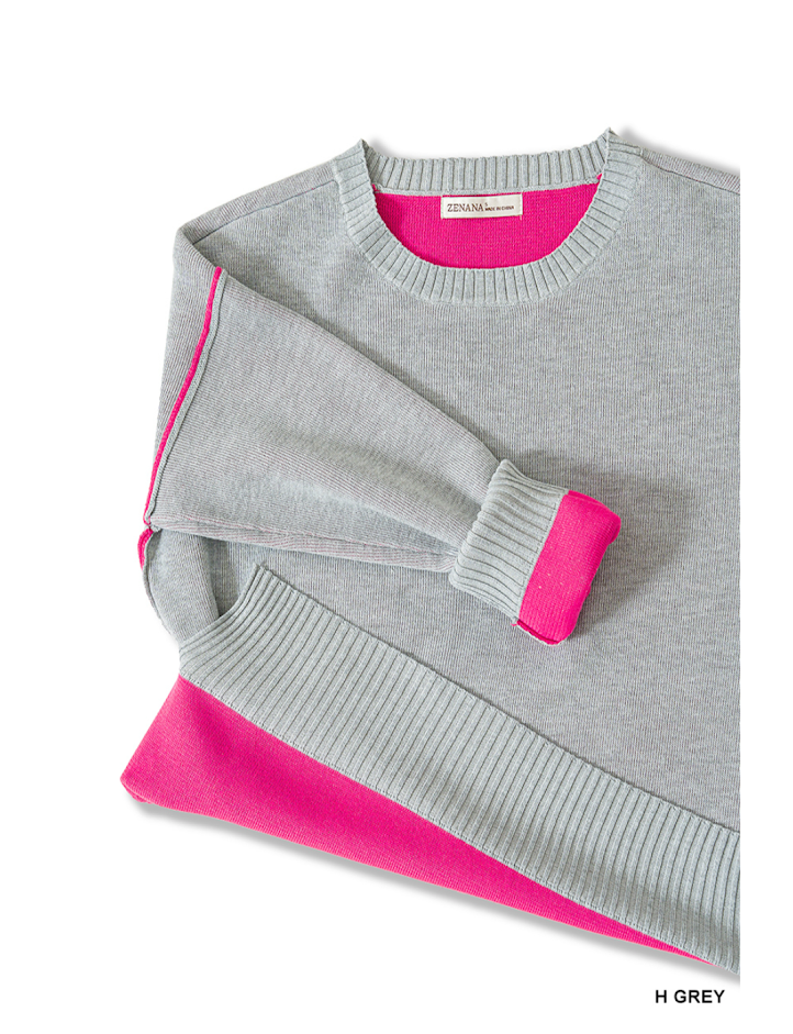 Round Neck Contrast Trim Sweater- Heather Grey/ Hot Pink
