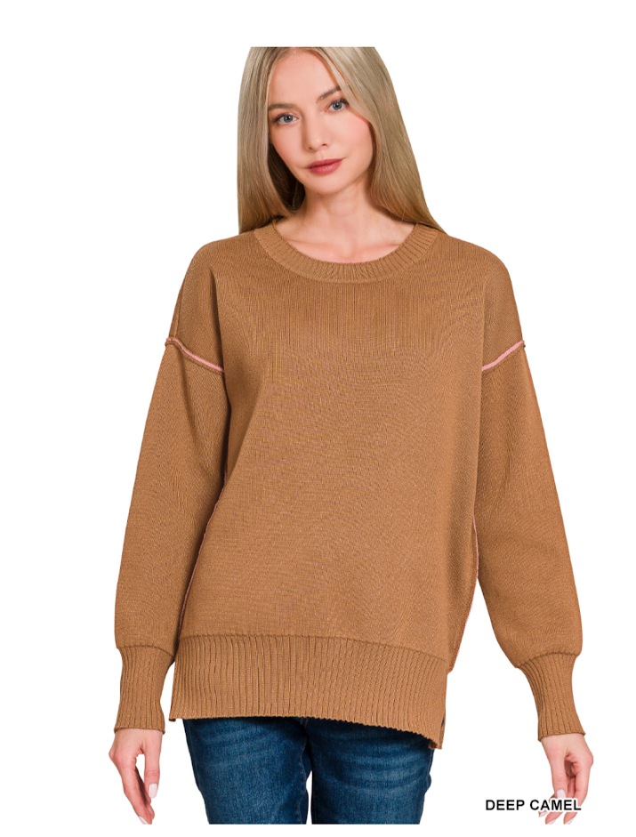 Round Neck Contrast Trim Sweater- Camel/Pink