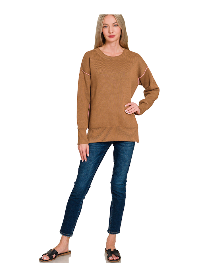 Round Neck Contrast Trim Sweater- Camel/Pink