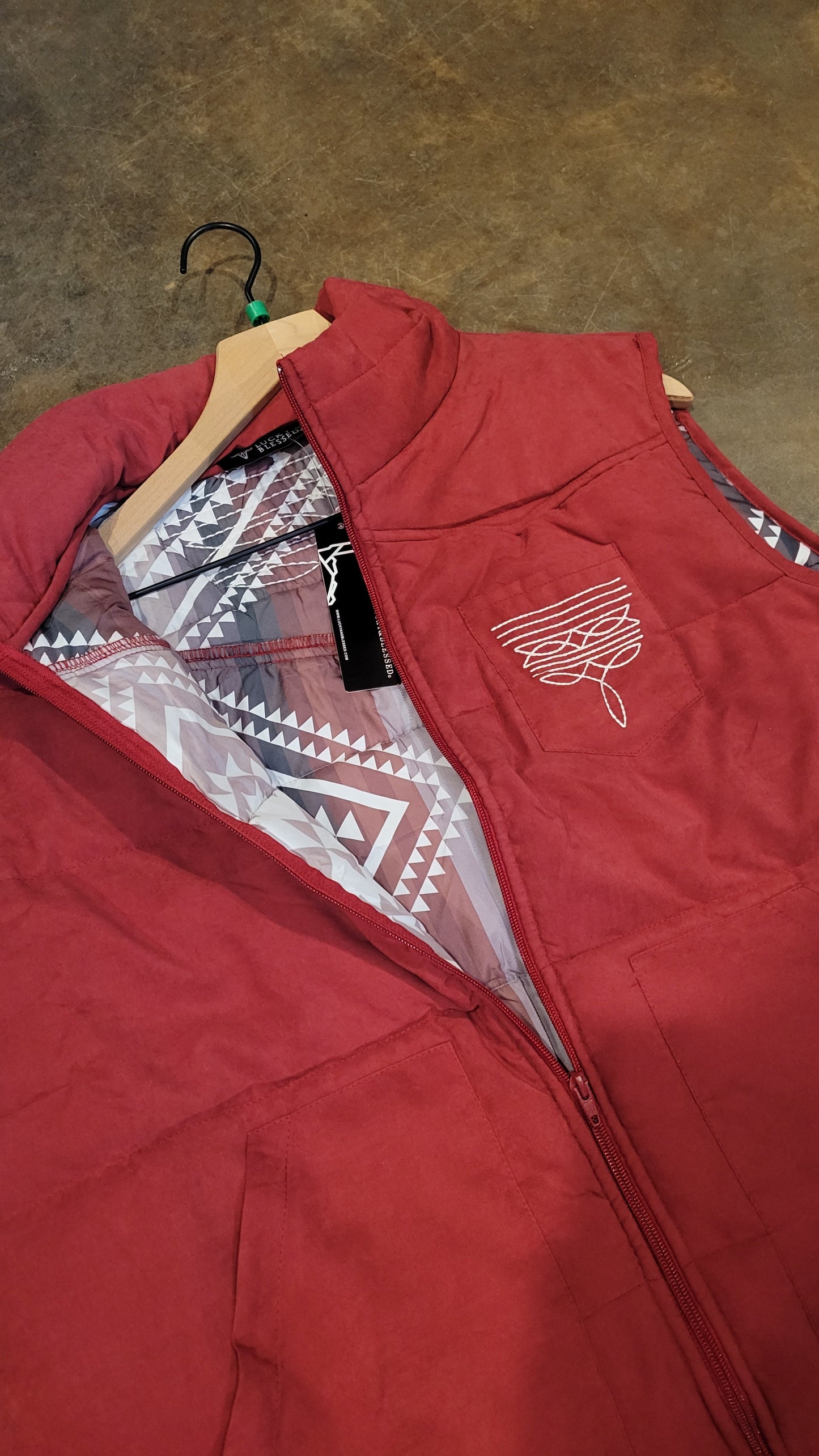 Wine Puffer Vest with Aztec Lining Boot Stitch Detail