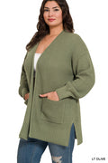 Waffle Knit Sweater Cardigan - Light Olive