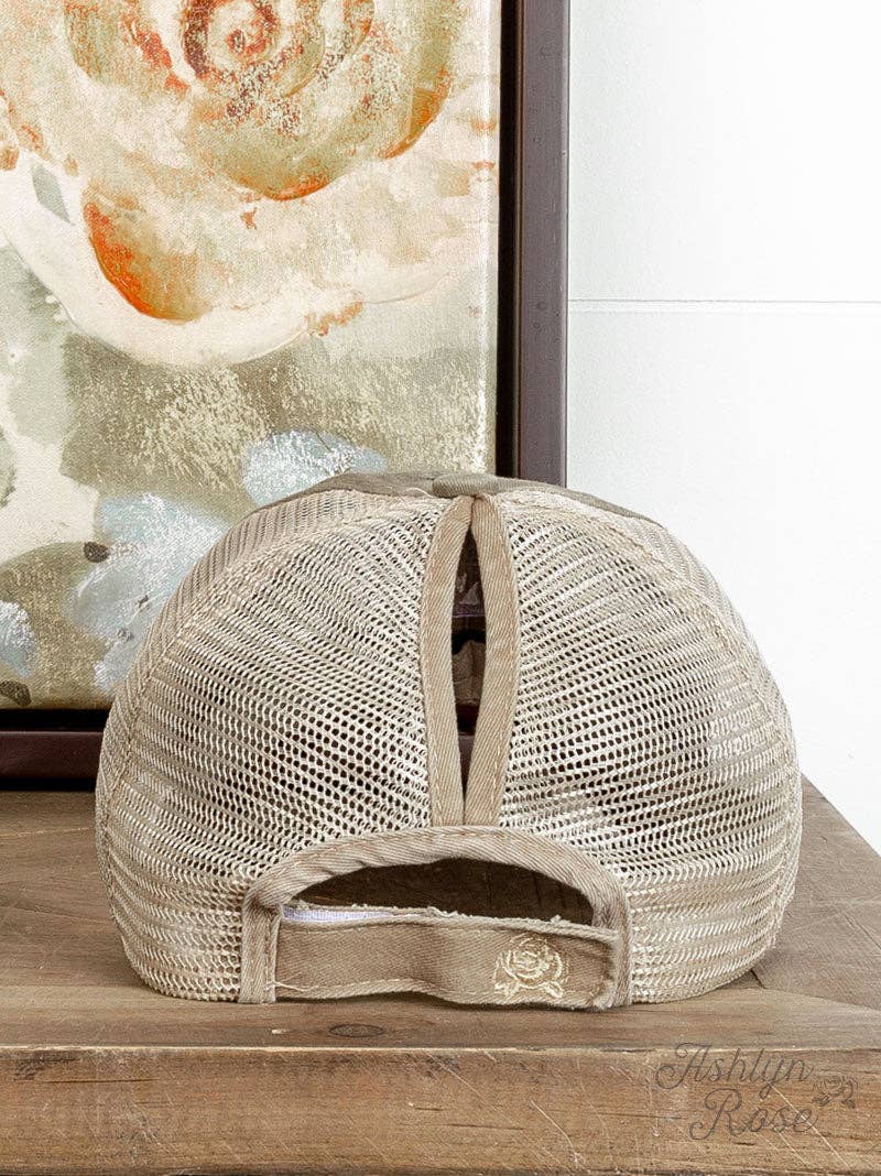 Olive High Ponytail Hat with Leopard Under-Bill & Beige Mesh