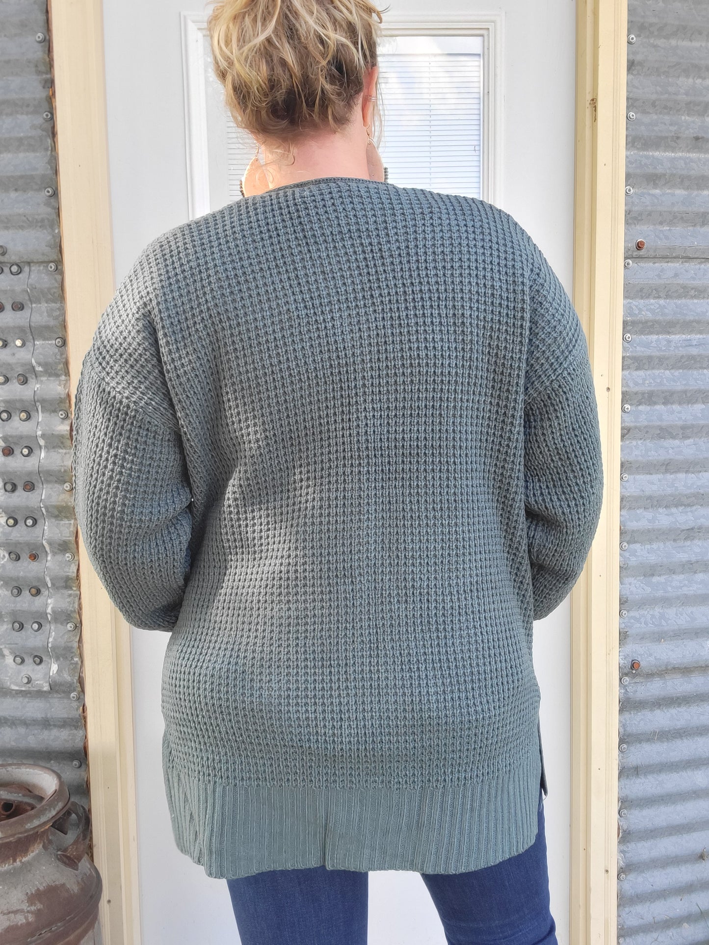 Waffle Knit Sweater Cardigan - Ash Jade