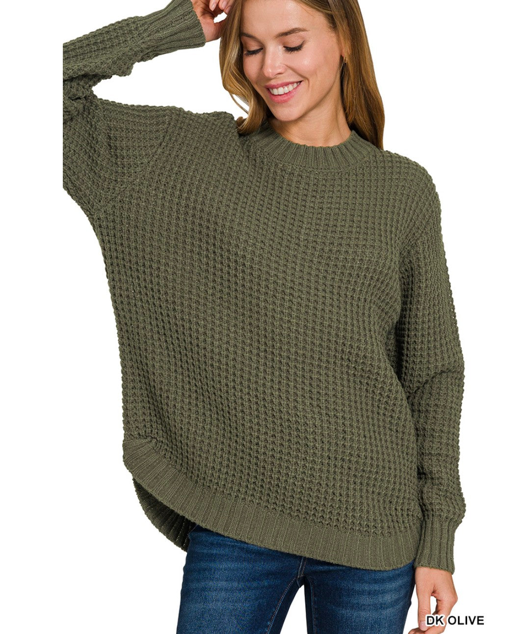 Hi-low Long Sleeve Waffle Sweater- Dark Olive