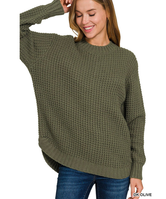 Hi-low Long Sleeve Waffle Sweater- Dark Olive