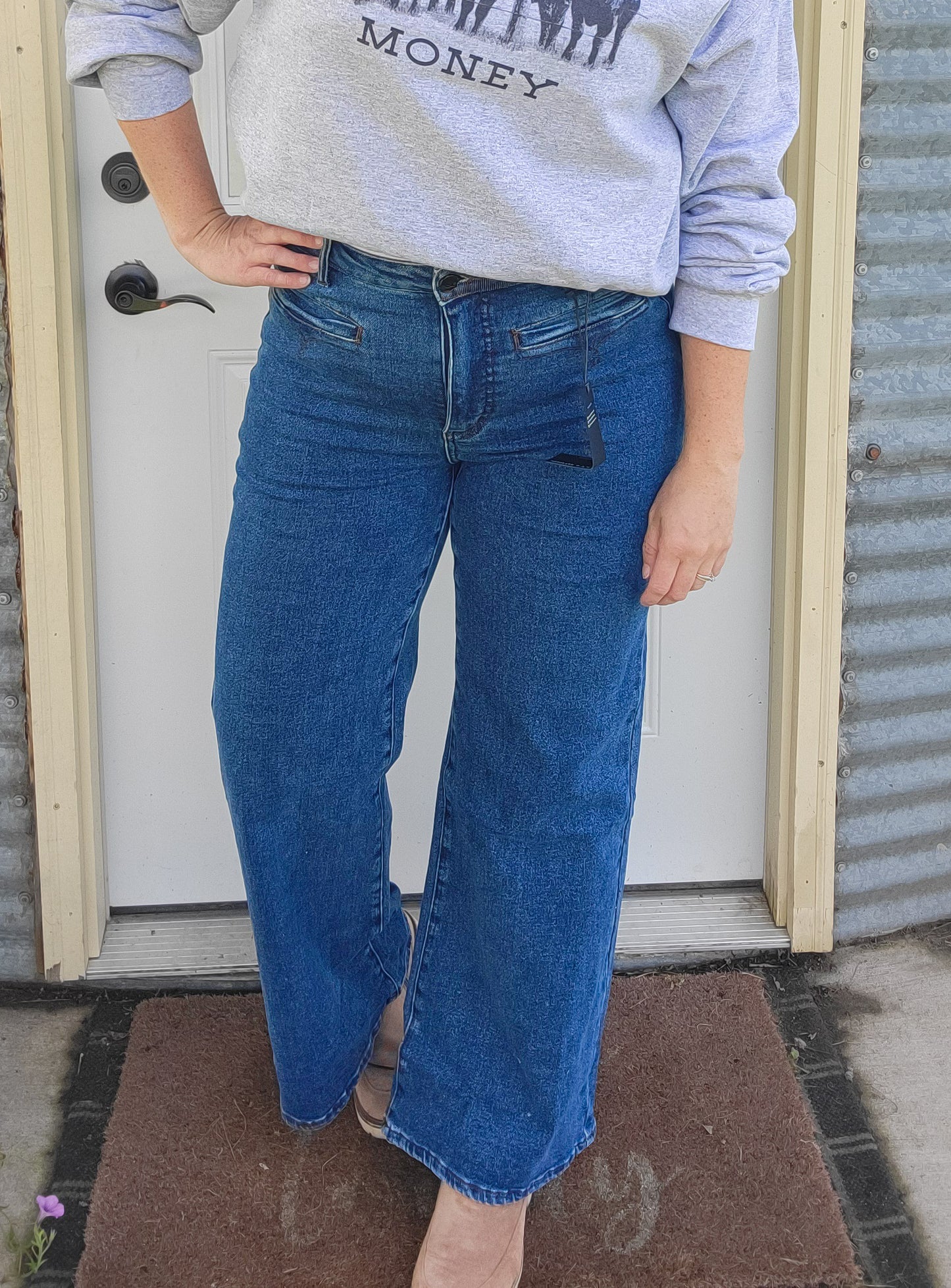 Dark Wash High Rise Front Pocket Detail Wide Leg Jeans