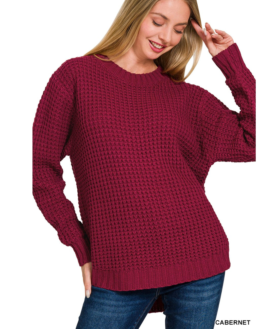 Hi-low Long Sleeve Waffle Sweater- Cabernet