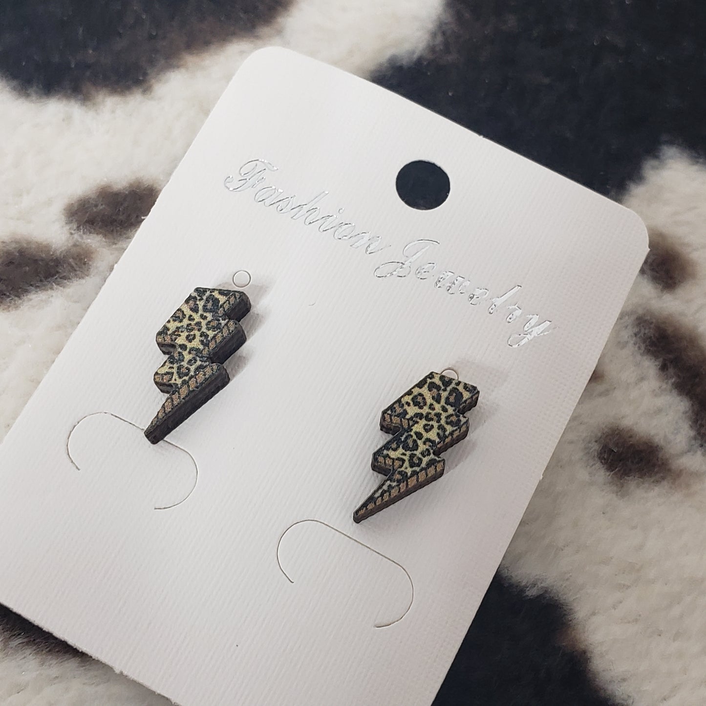 Leopard Lightning Bolt Earrings - Laser cut wood