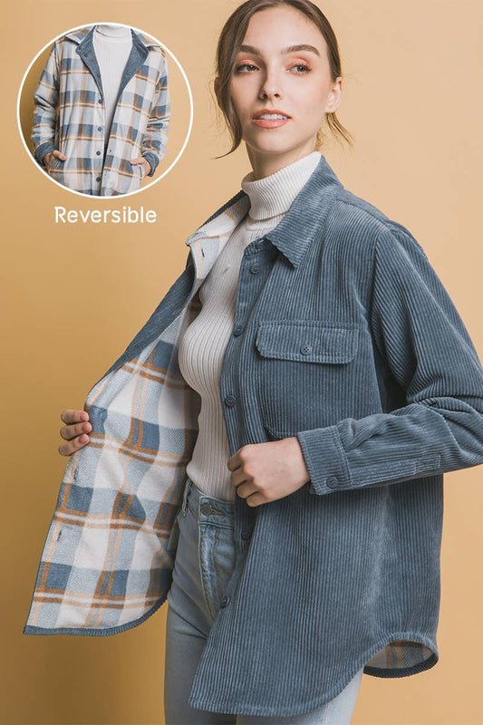 Corduroy Reversible Button Down Jacket - Blue Stone
