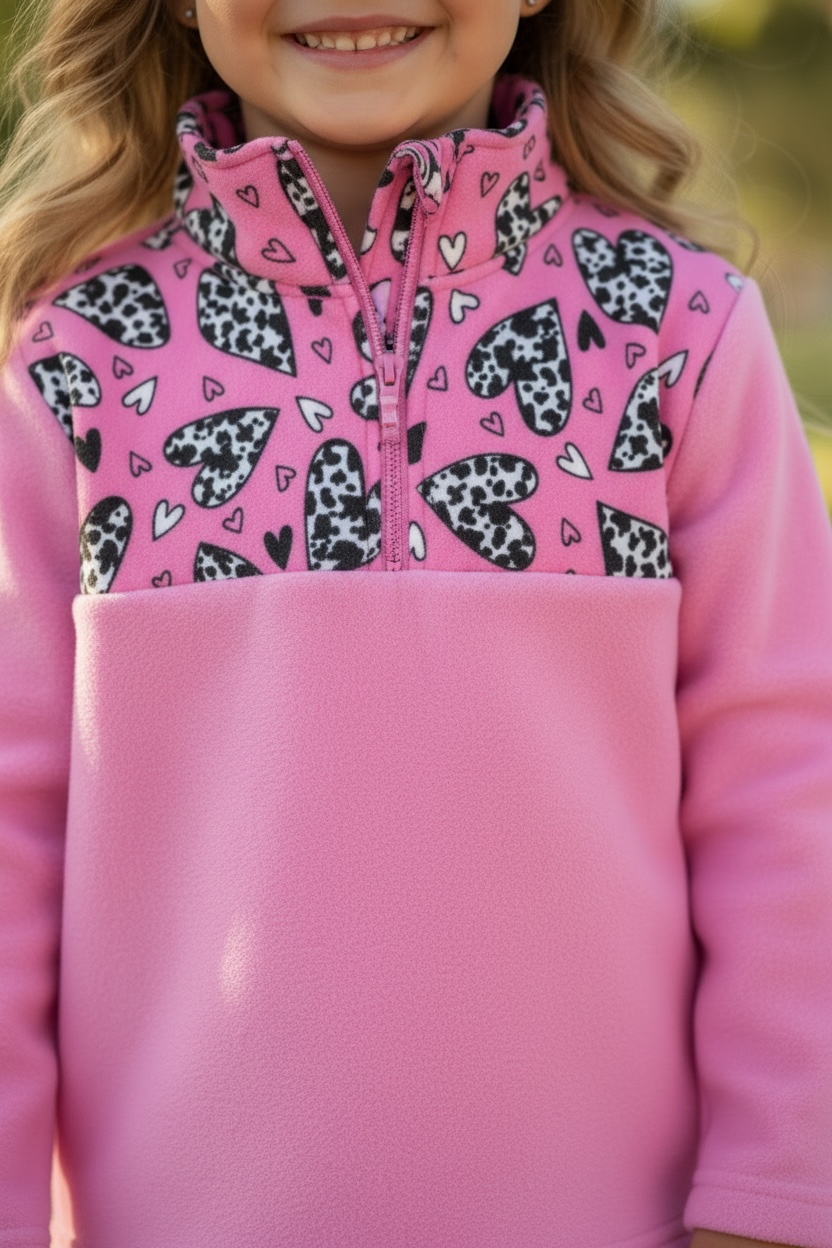 Girls Cow Hearts on Pink Pullover