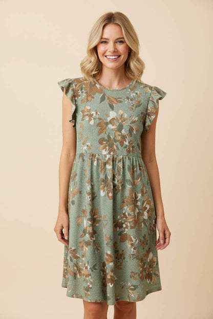 Floral Babydoll Dress with Flutter Sleeve - Green