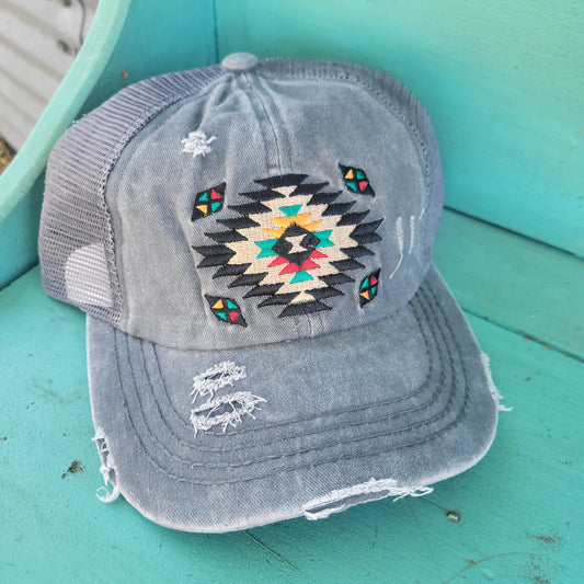 C.C. Distressed Aztec Criss Cross Ponytail Hat - Grey