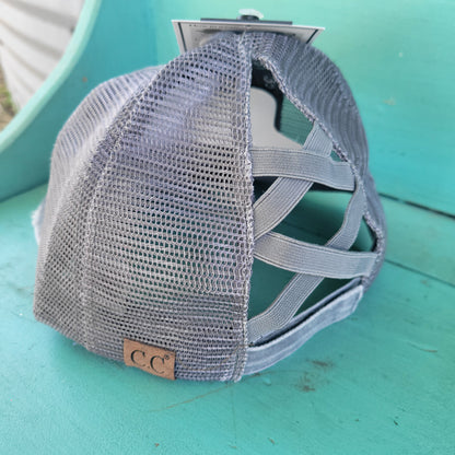 C.C. Distressed Aztec Criss Cross Ponytail Hat - Grey