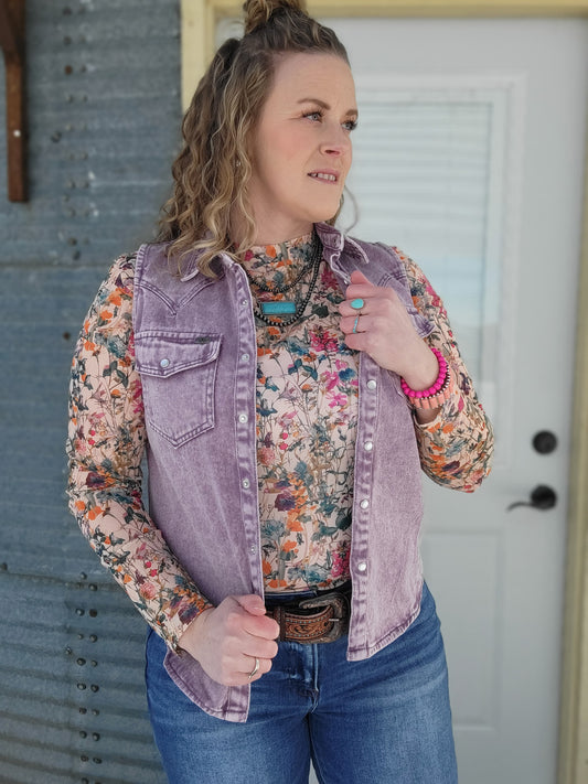 Lavender Denim Mineral Wash Sleeveless Pearl Snap Top