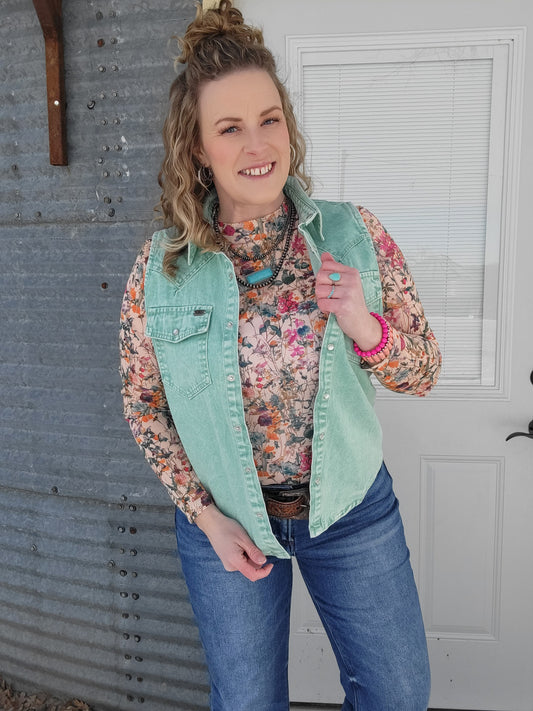 Jade Denim Mineral Wash Sleeveless Pearl Snap Top