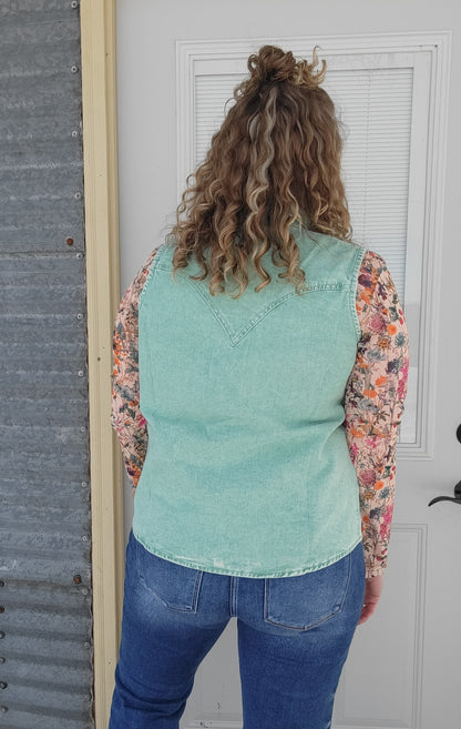 Jade Denim Mineral Wash Sleeveless Pearl Snap Top