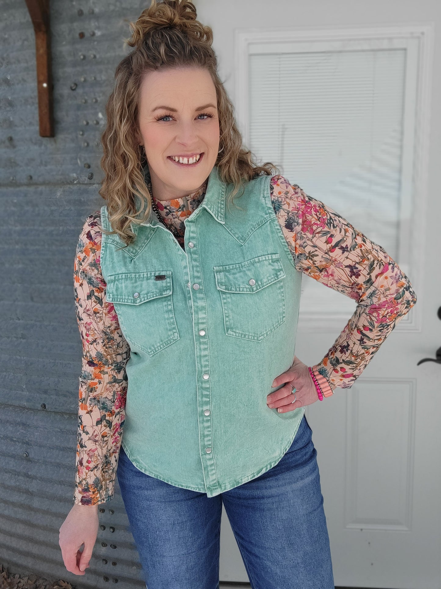 Jade Denim Mineral Wash Sleeveless Pearl Snap Top