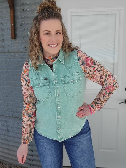 Jade Denim Mineral Wash Sleeveless Pearl Snap Top