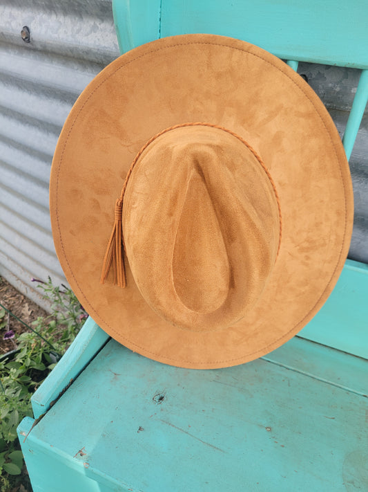 Atlas Faux Suede Fedora w/ Braided Band: Tan