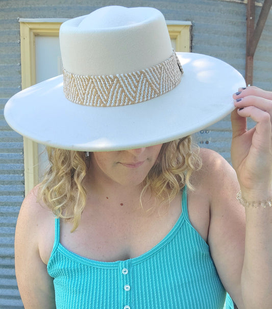 Stevie Boho Trim Wide Brim Fedora: Ivory