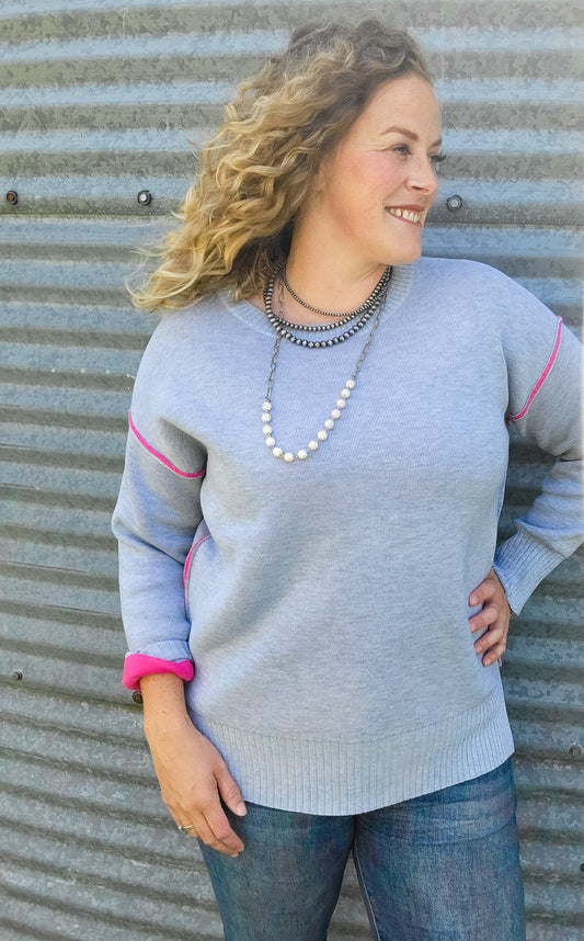 Round Neck Contrast Trim Sweater- Heather Grey/ Hot Pink
